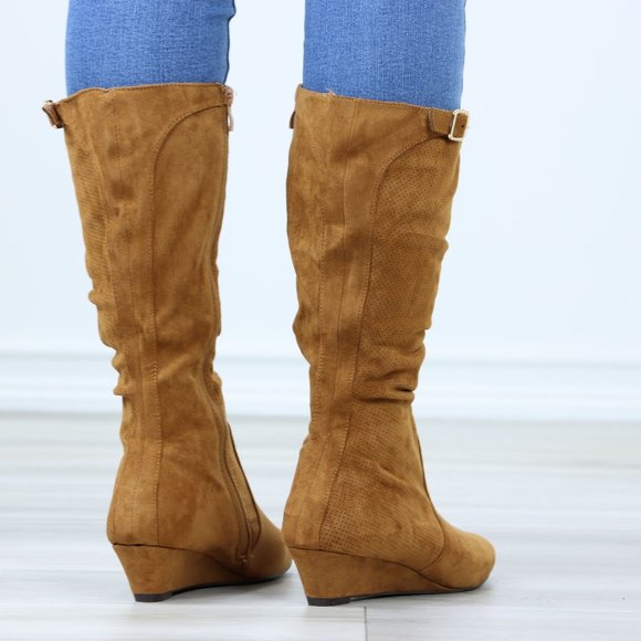 Tan Faux Suede Round Toe Low Kitten Wedge Heel Mid Calf Boots - Picture 6 of 12